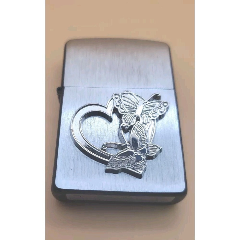 Zippo Lighter Heart With Butterfly Medallion Silver And Black,  Preowned